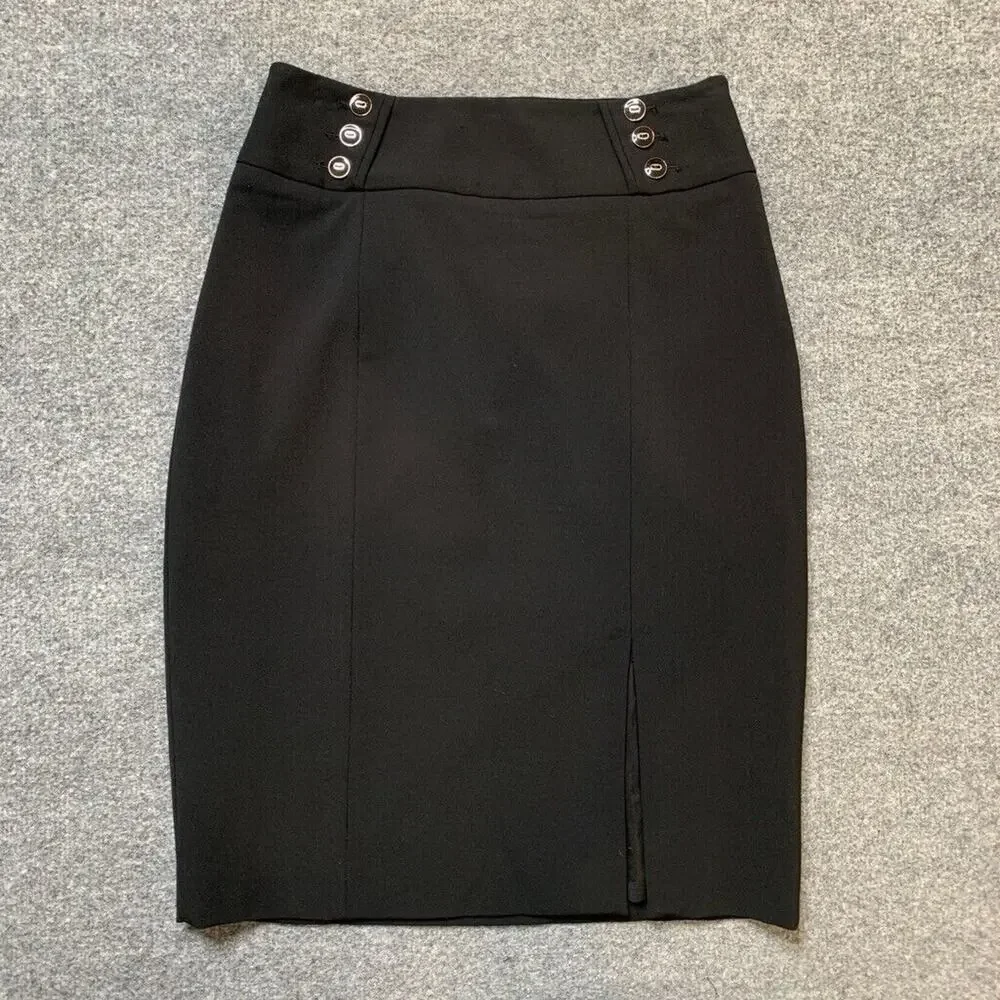 White House Black Market Skirt Womens 2 Black Stretch Pencil Slit Front Side Zip